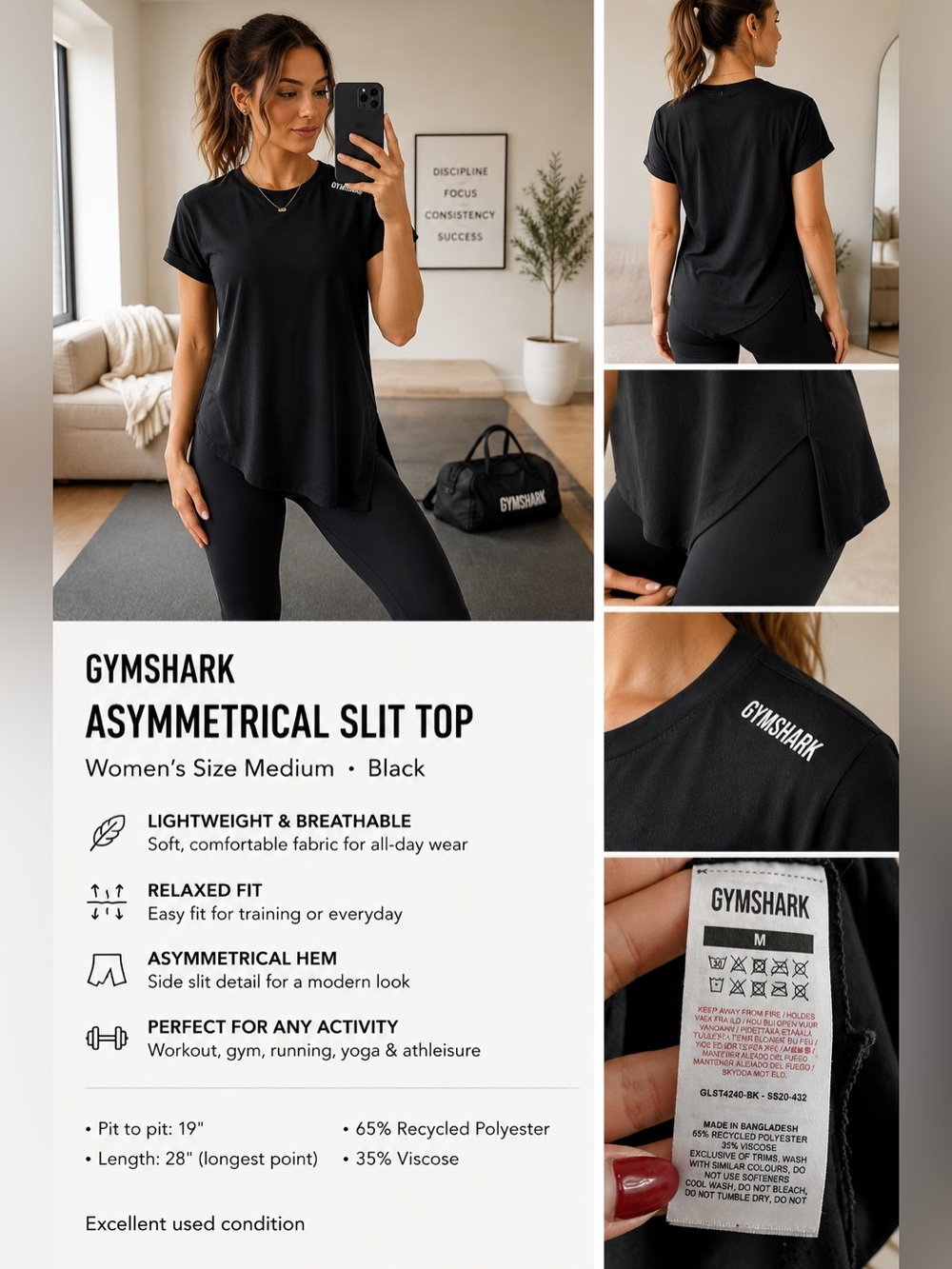 Gymshark Black Asymmetrical Hem Workout Tee Medium Athleisure Performance Top